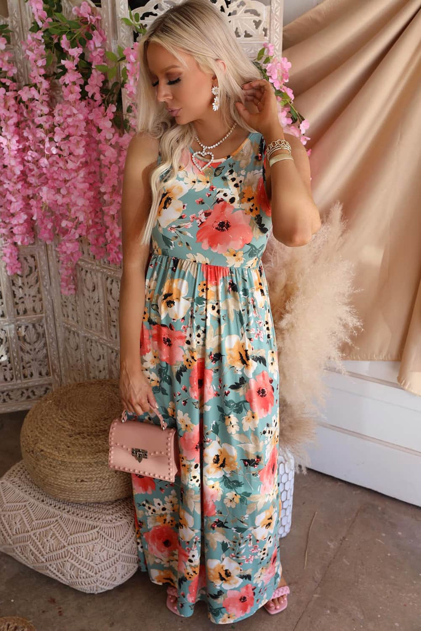 Sky Blue Boho Print Sleeveless High Waist Long Floral Dress