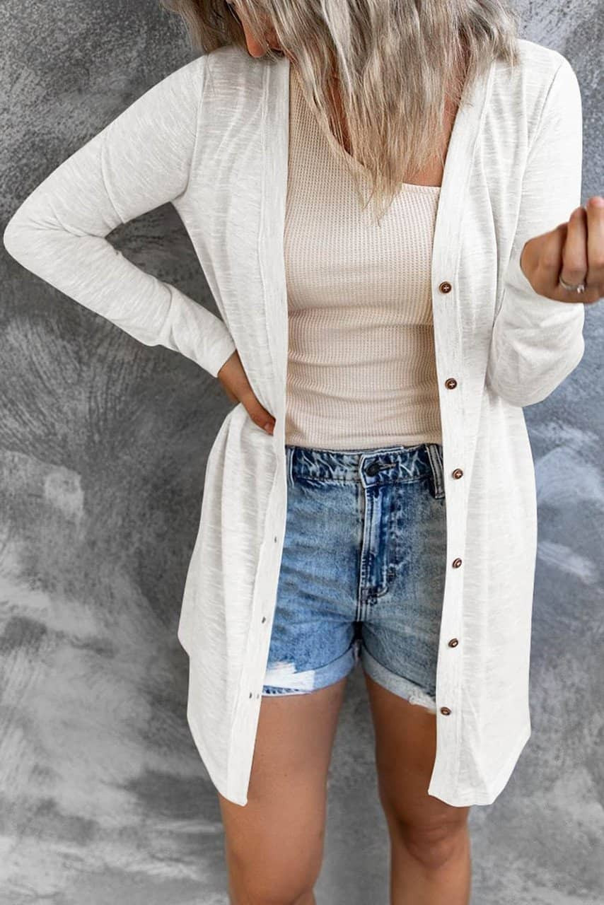 White Solid Color Open-Front Buttons Cardigan