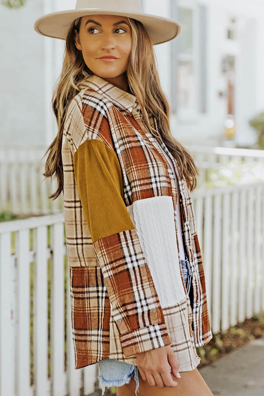 Orange Plaid Color Block Patchwork Shirt Jacket with Pocket