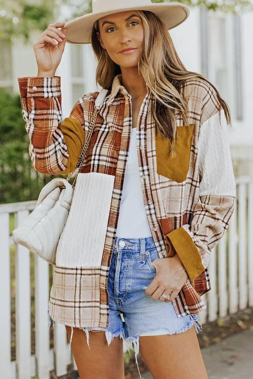Orange Plaid Color Block Patchwork Shirt Jacket with Pocket Orange Plaid Color Block Patchwork Shirt Jacket with Pocket