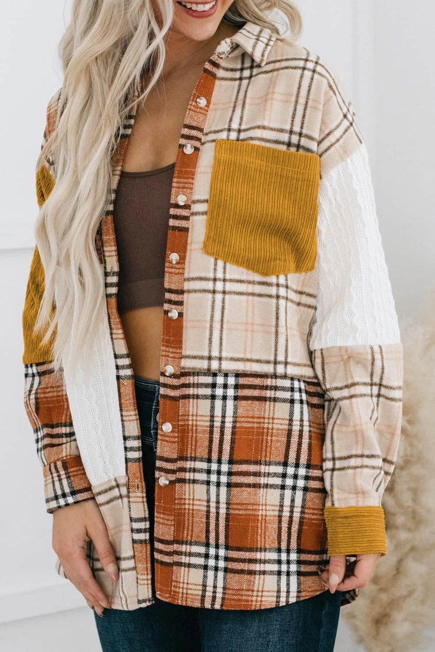 Orange Plaid Color Block Patchwork Shirt Jacket with Pocket Orange Plaid Color Block Patchwork Shirt Jacket with Pocket