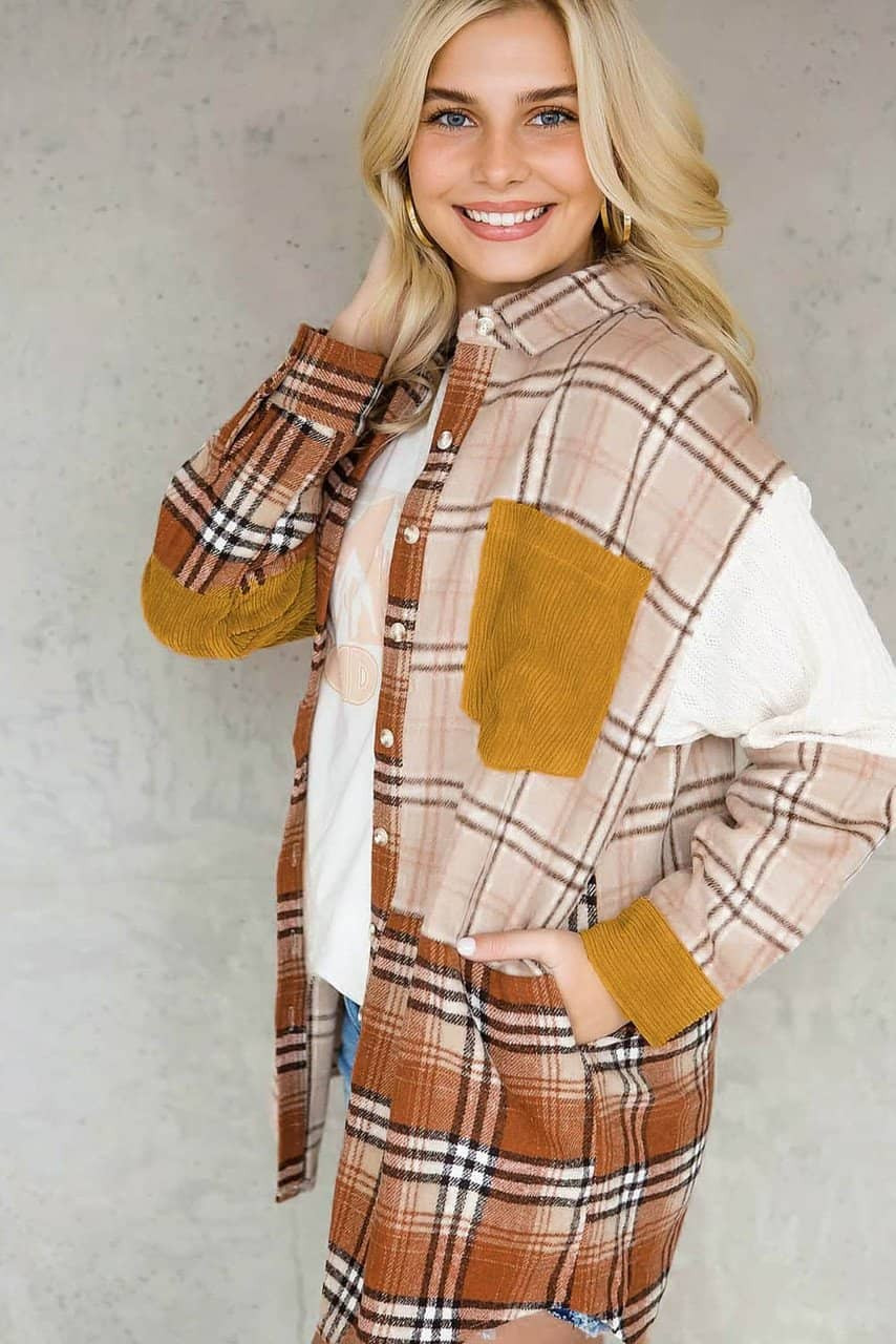 Orange Plaid Color Block Patchwork Shirt Jacket with Pocket Orange Plaid Color Block Patchwork Shirt Jacket with Pocket