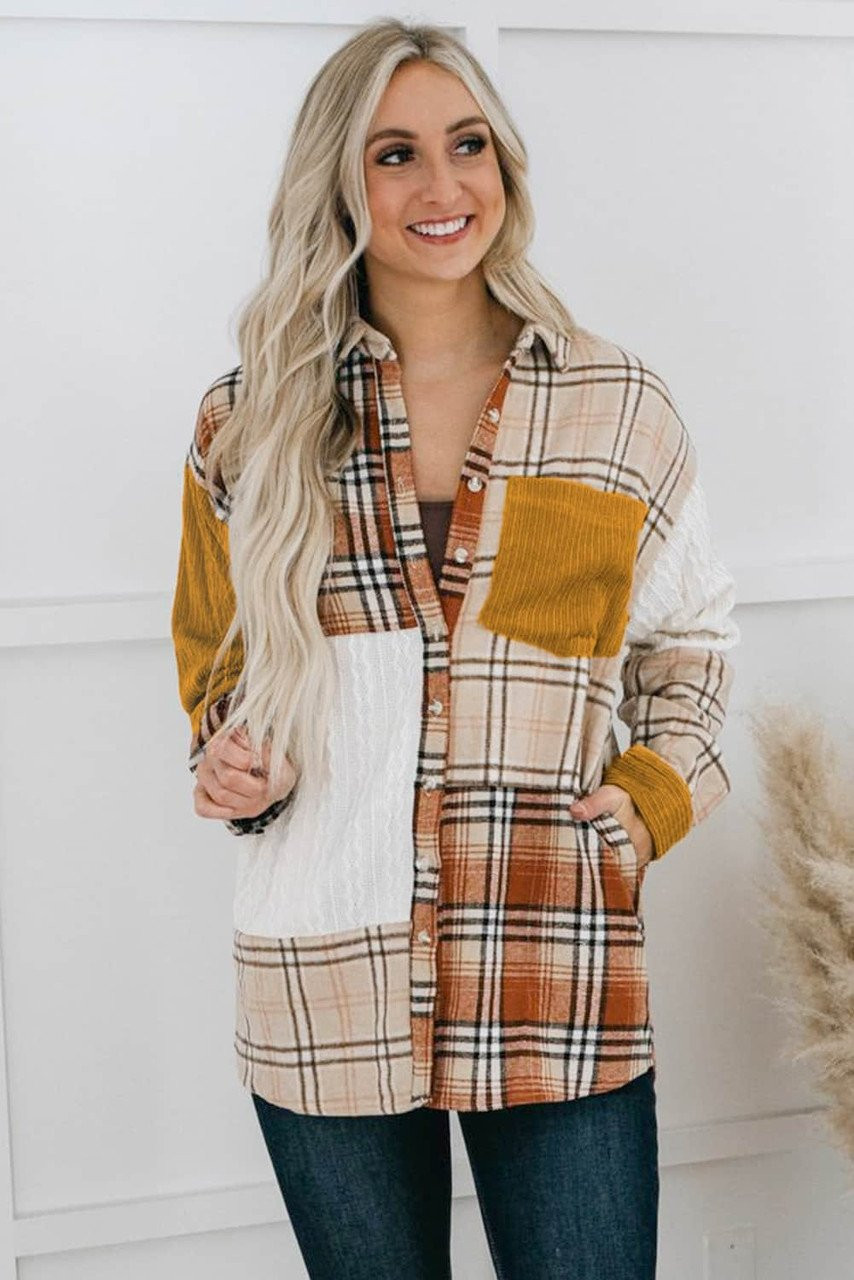 Orange Plaid Color Block Patchwork Shirt Jacket with Pocket Orange Plaid Color Block Patchwork Shirt Jacket with Pocket