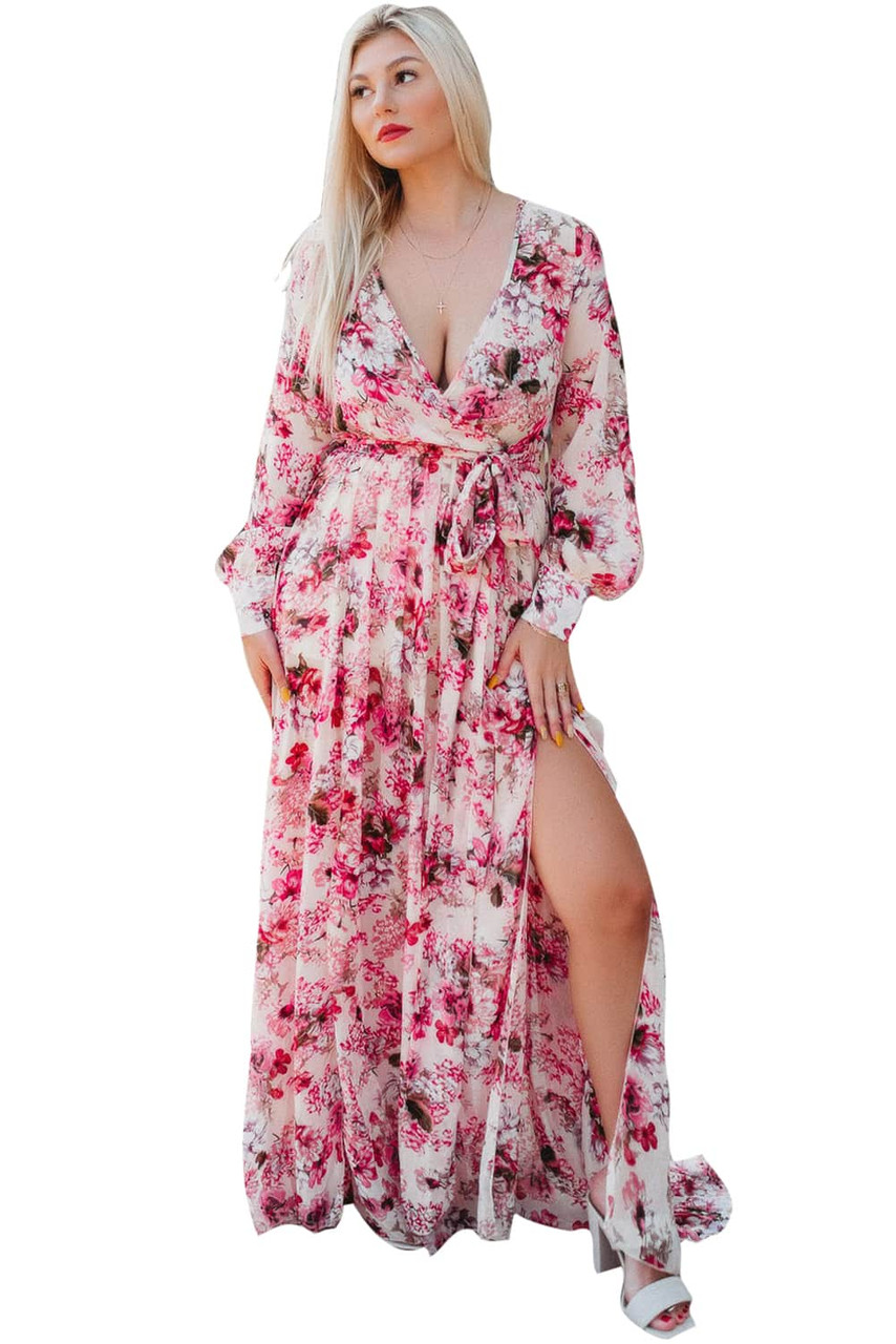 Pink Wrap V Neck Floral Maxi Dress