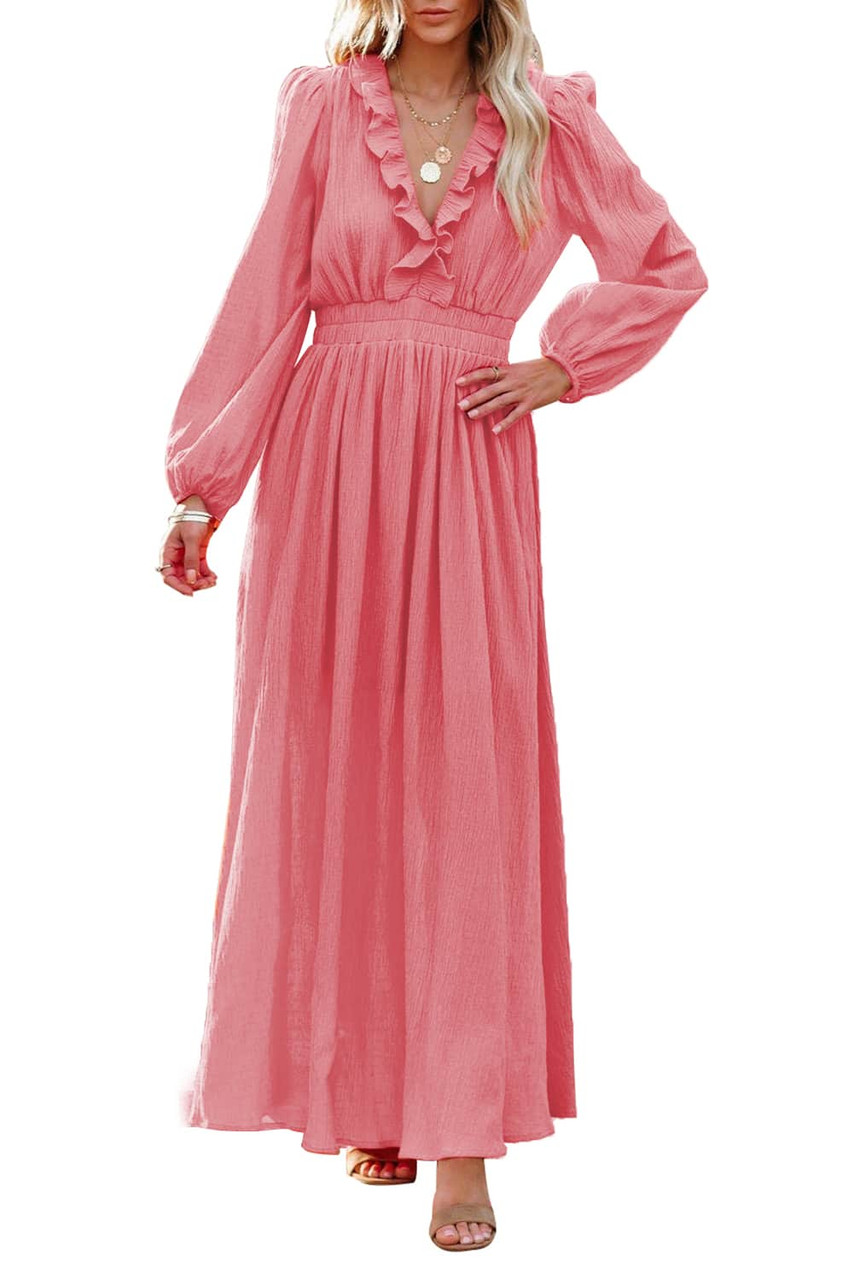 Ruffled V Neck Empire Waist Maxi Dress