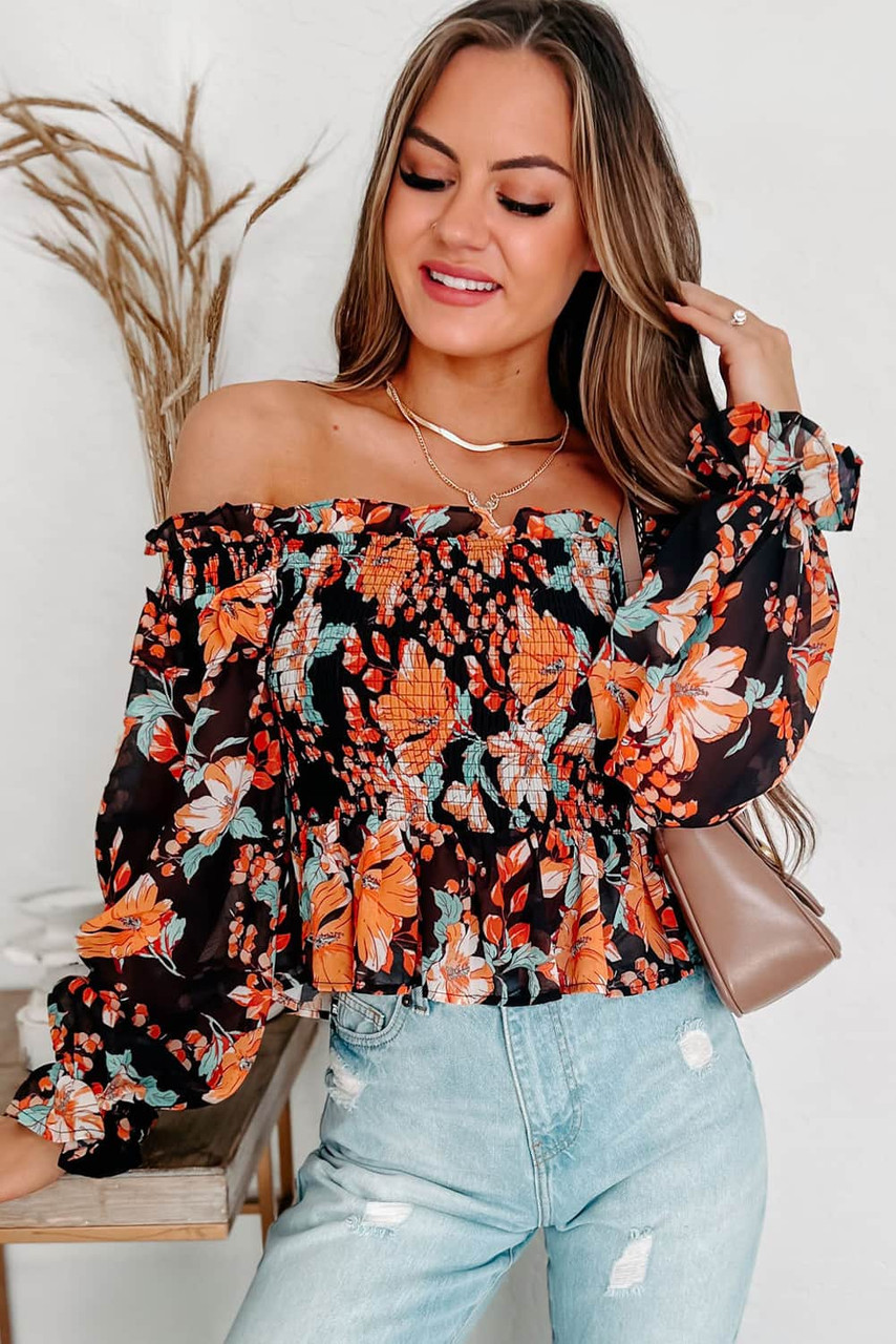 Black Off The Shoulder Smocked Floral Top