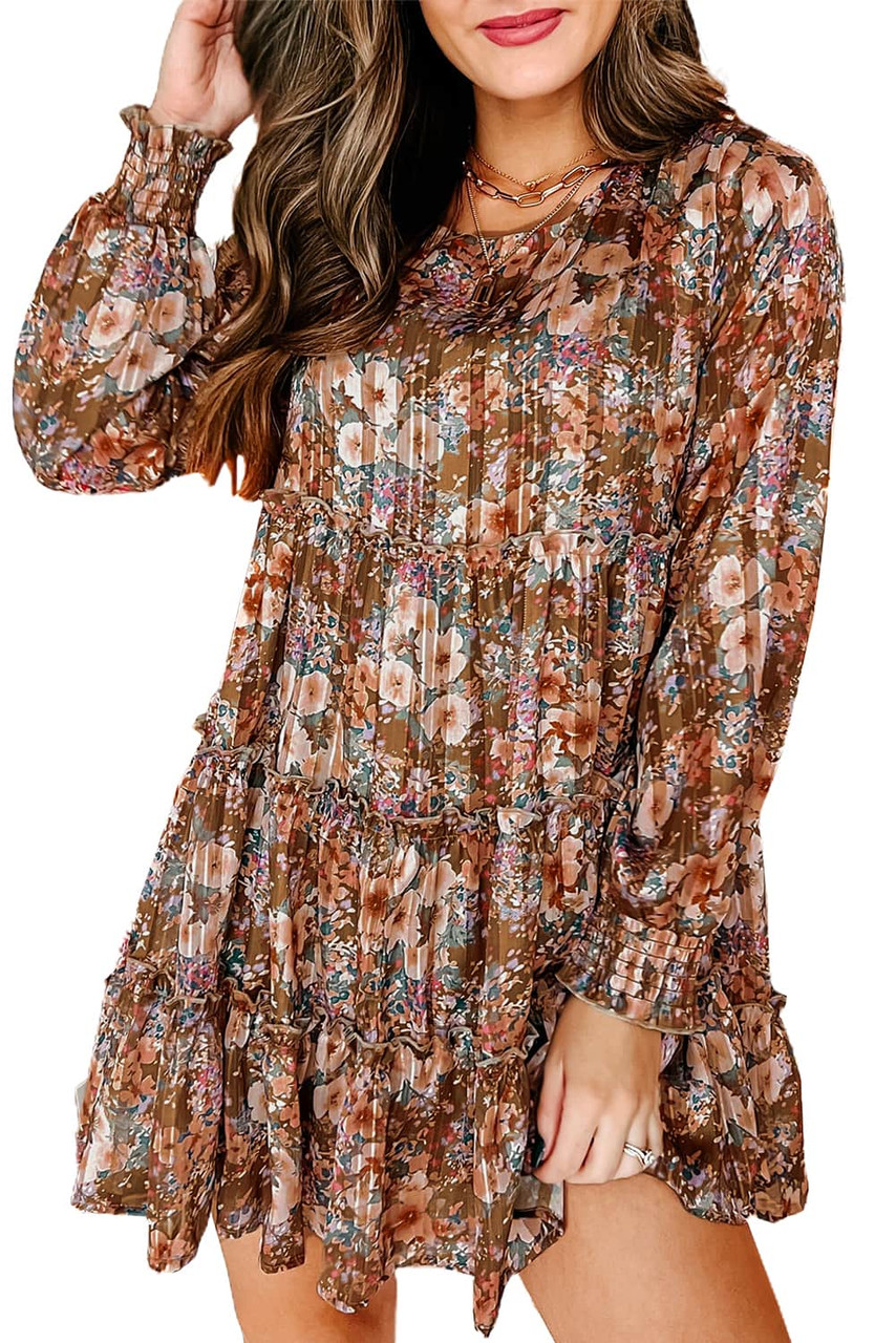 Brown Tiered Ruffle Floral Dress