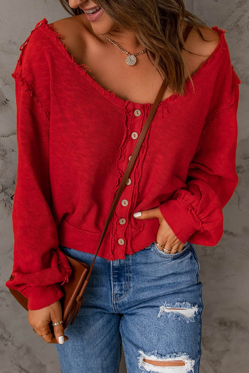 Button Front Distressed Knit Patched Top