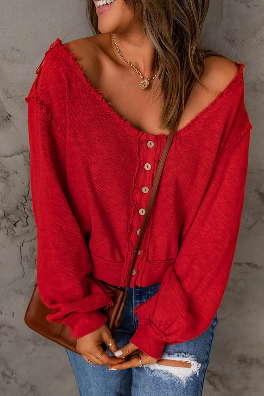 Button Front Distressed Knit Patched Top