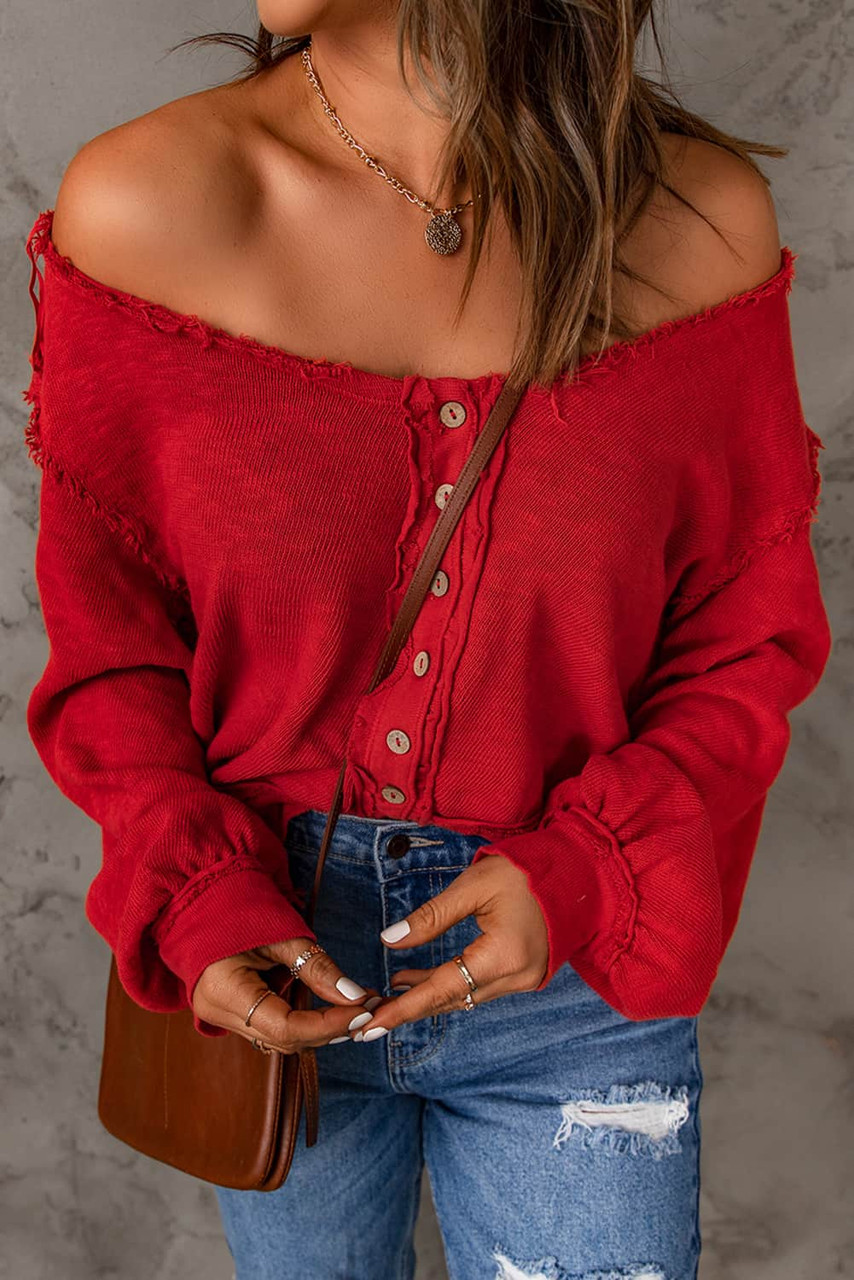 Button Front Distressed Knit Patched Top