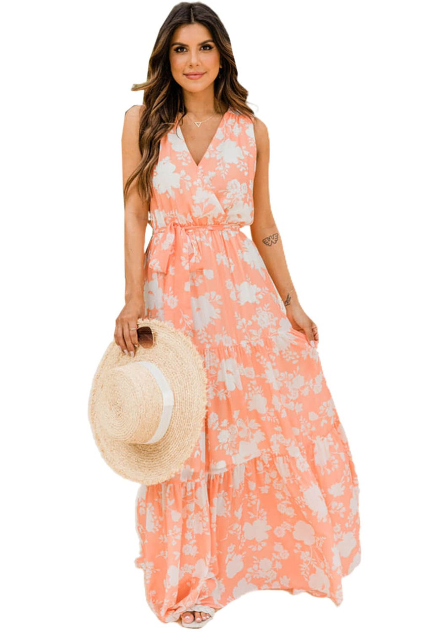 Orange Deep V Neck Sleeveless Empire Waist Floral Print Maxi Dress