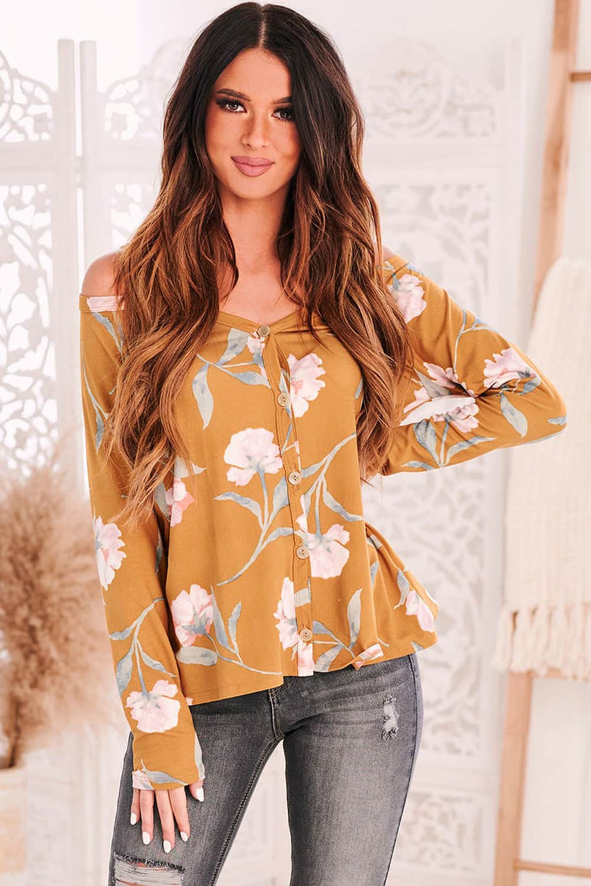 Yellow Cold Shoulder Long Sleeve Floral Top