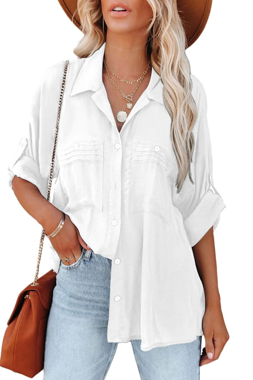 White Solid Pocket Long Sleeve Button-up Shirt