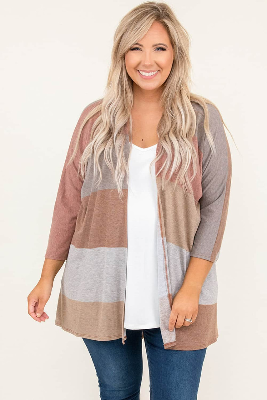 Multicolor Plus Size Colorblock Knit Cardigan