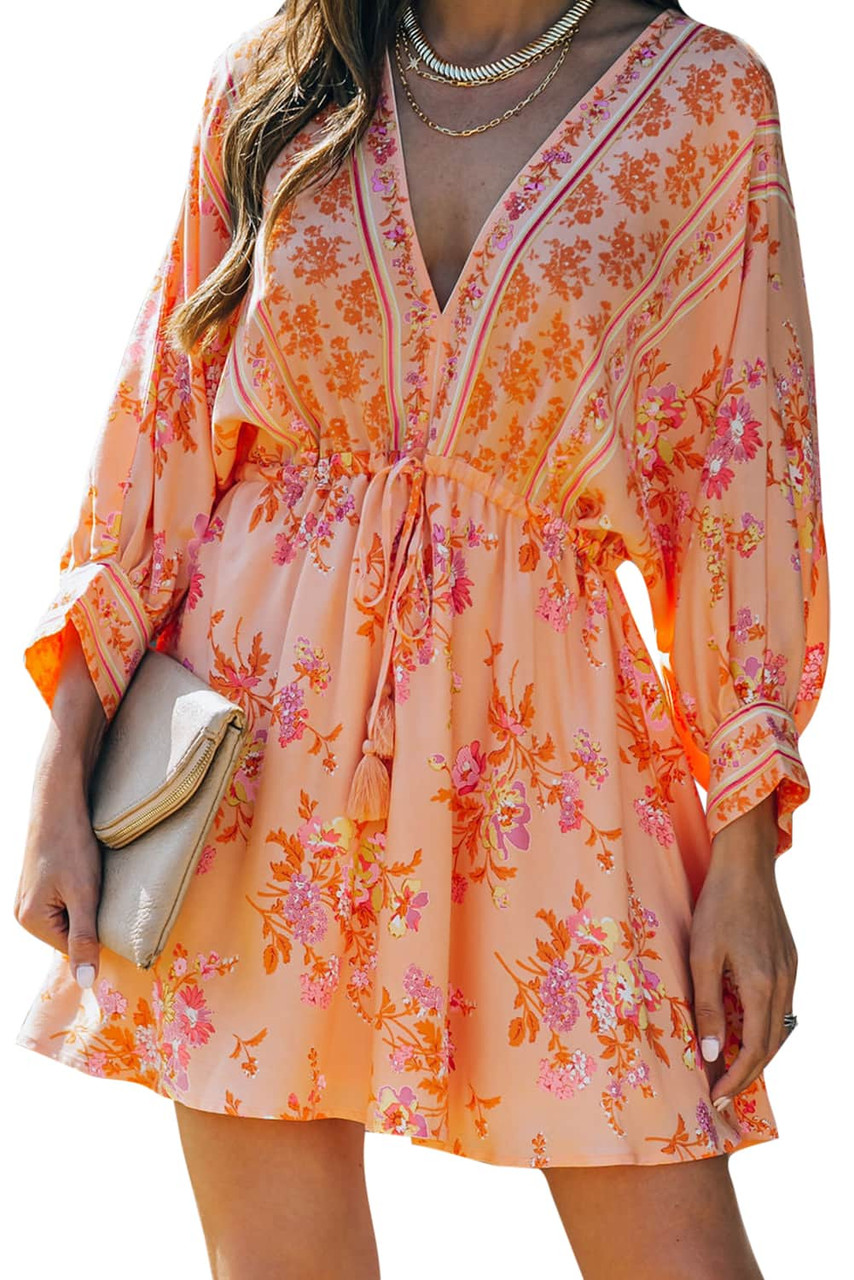 Floral Tassel Drawstring Kimono Dress