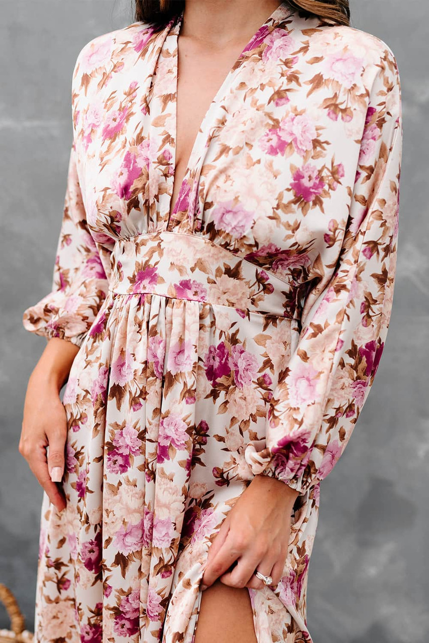 Deep V Neck Ruched High Waist Floral Maxi Dress