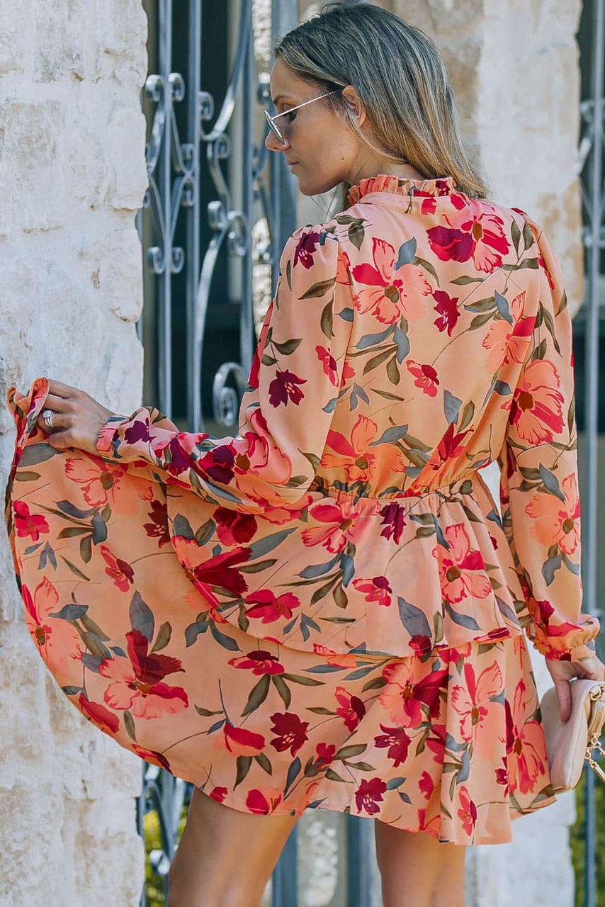 Red Frilled Collar Long Sleeve Floral Dress with Ruffle