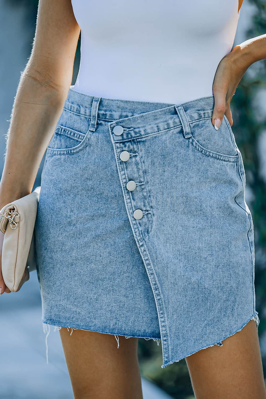 Sky Blue Buttons Asymmetric Denim Mini Skirt