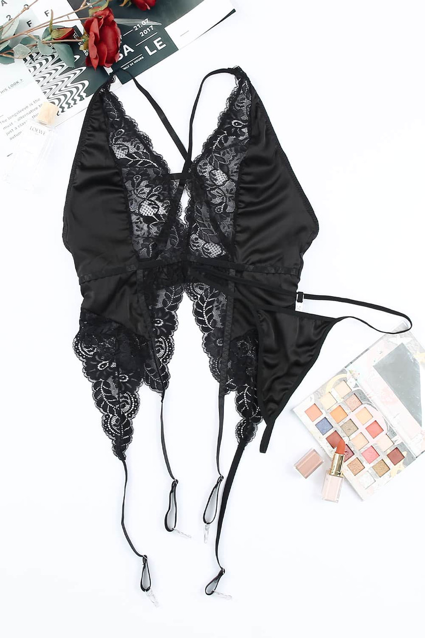 Black Lace Satin Deep V-Neck Bustier and Thong Set