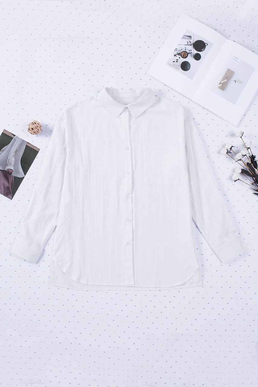 White Textured Buttons Pocketed Shirt