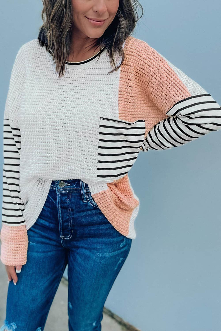 Colorblock Striped Splicing Waffle Knit Long Sleeve Top