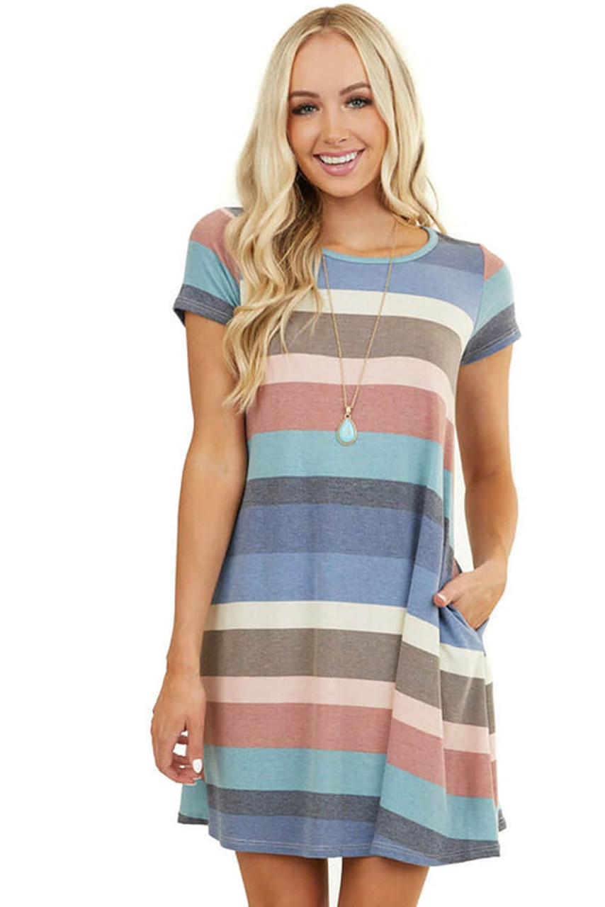 Sky Blue Striped Pocket Mini Dress