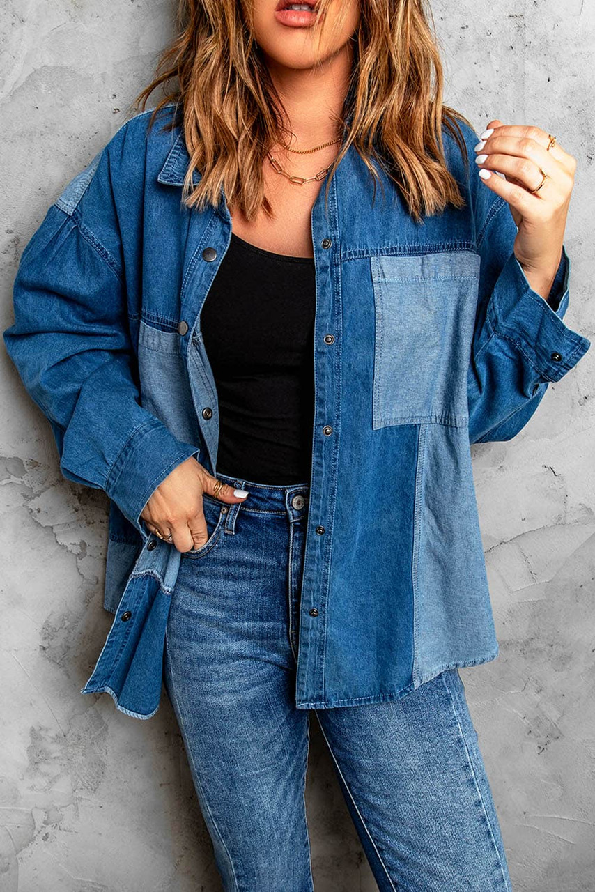 Blue Color Block Buttoned Denim Jacket