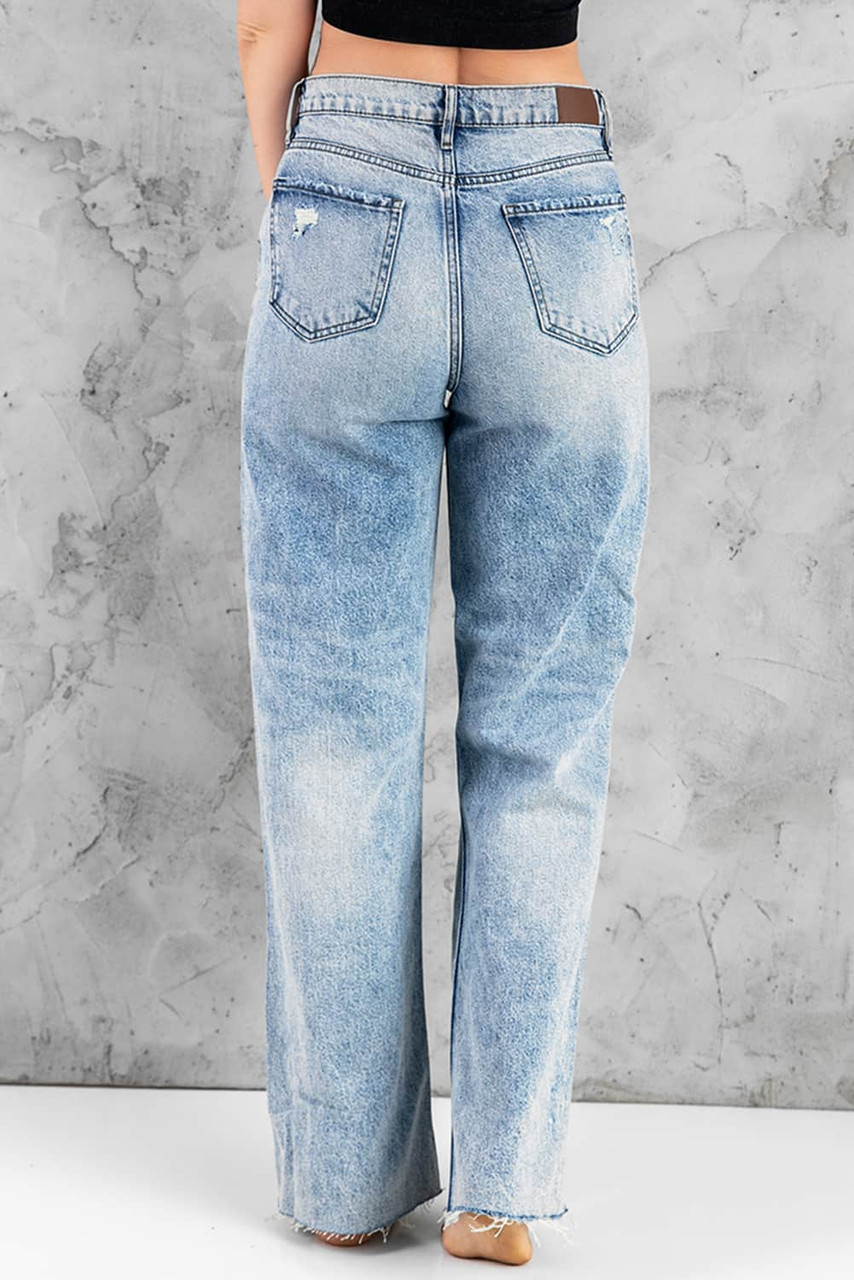 Sky Blue Distressed Hollow-out Knees Wide Leg Jeans