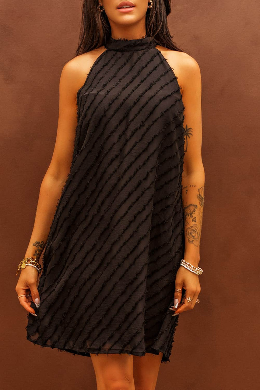 Black Textured Halter Lace-up Sleeveless Mini Dress