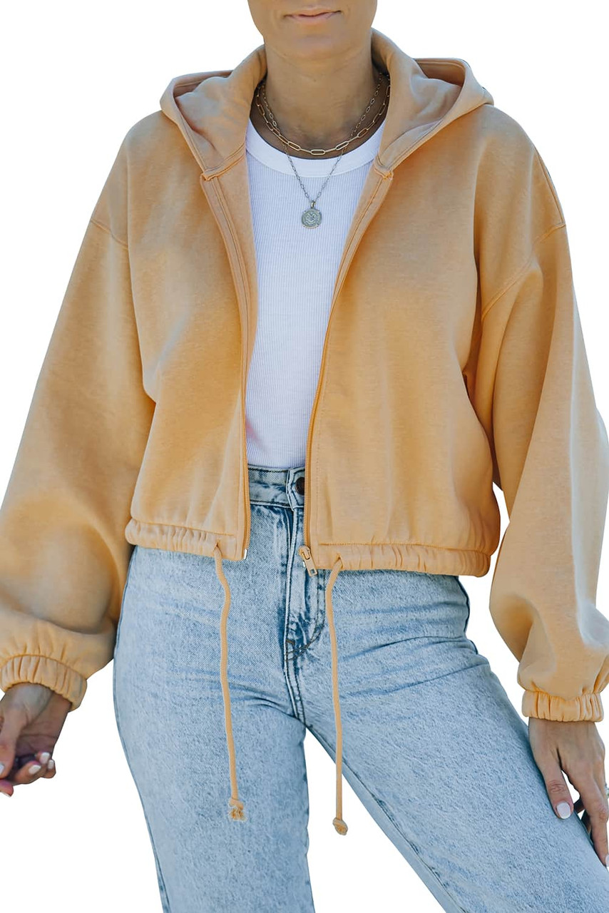 Yellow Zip Closure Drawstring Cinched Cropped Hoodie