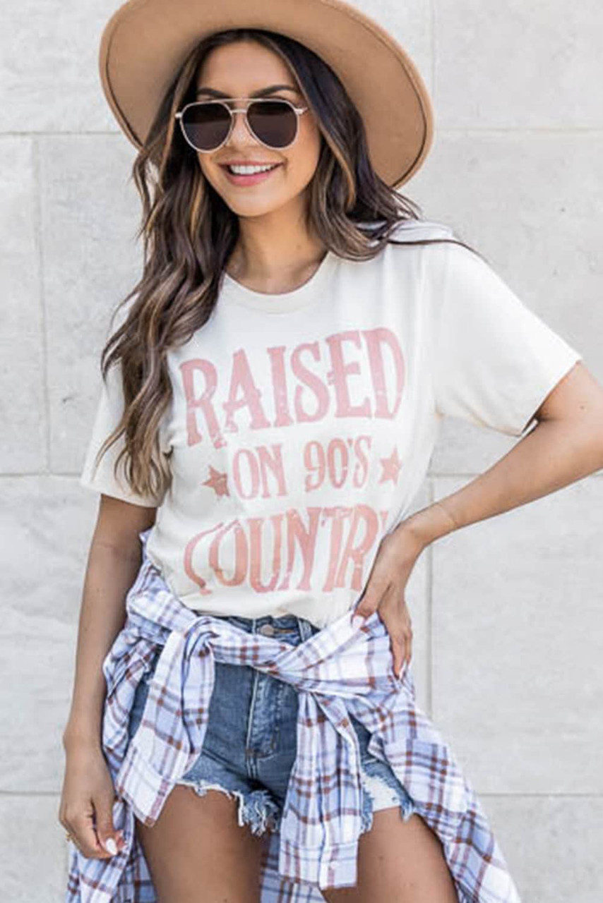 White Raised on 90s Country Letter Graphic Tee