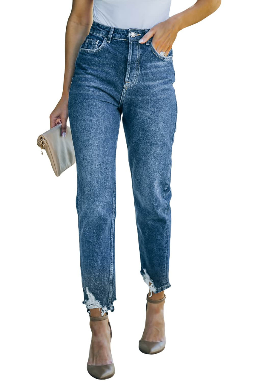 Blue Ripped High Waist Straight Leg Jeans