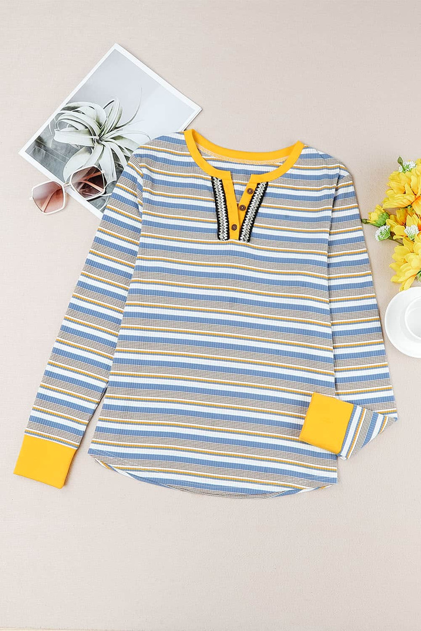 Striped Knit Button Neck Long Sleeve Top