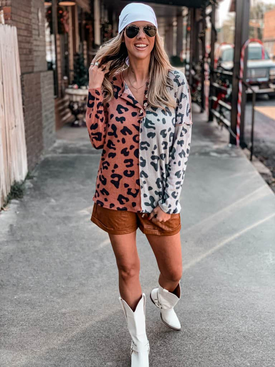 Leopard Colorblock Waffle Knit Henley Top