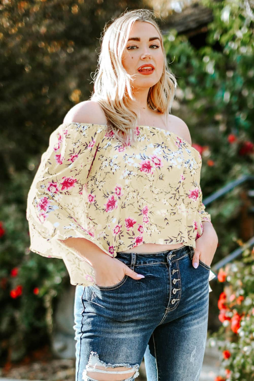 Plus Size Floral Off Shoulder Ruffle Sleeve Top