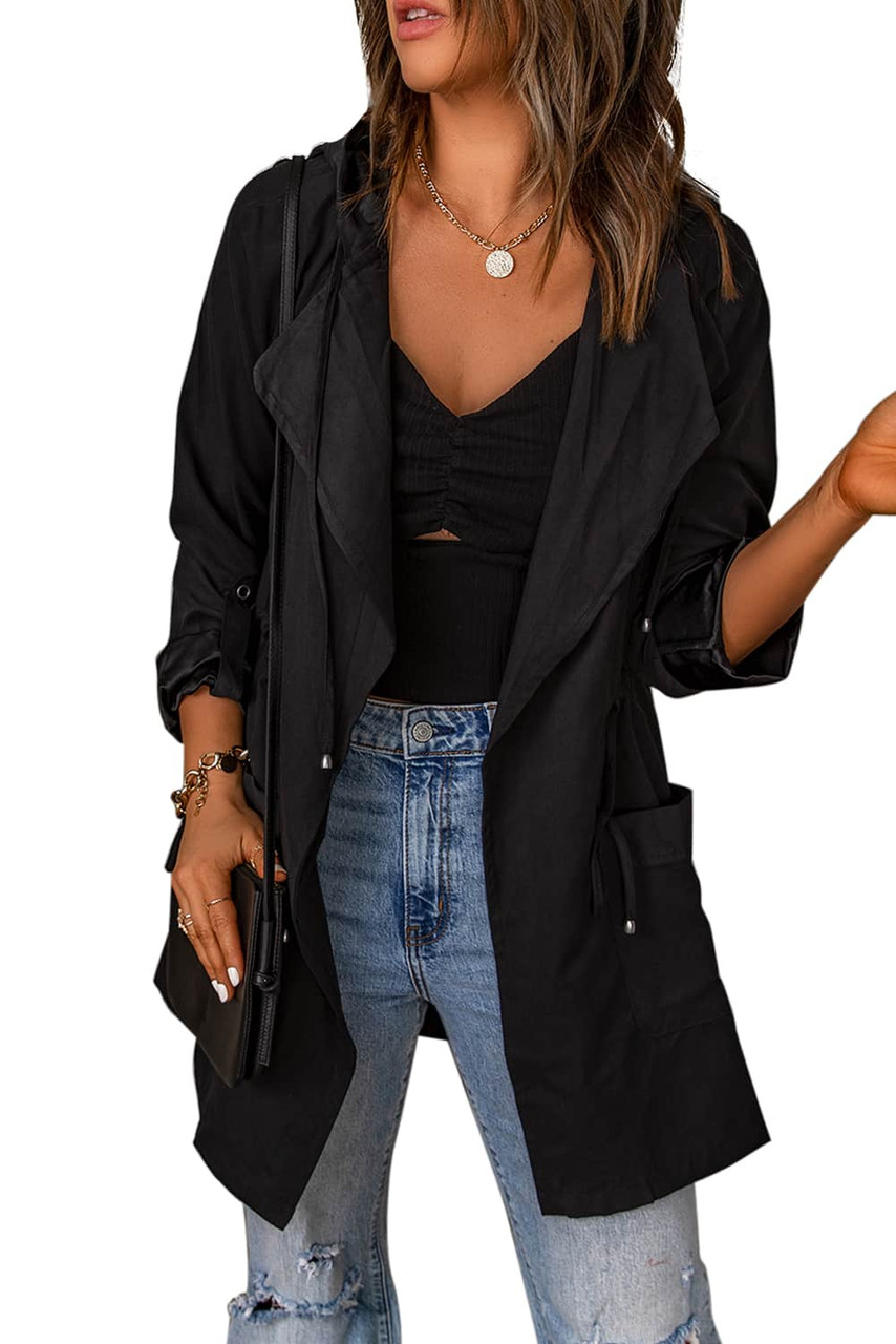 Black Drawstring Turndown Collar Hooded Outerwear Black Drawstring Turndown Collar Hooded Outerwear