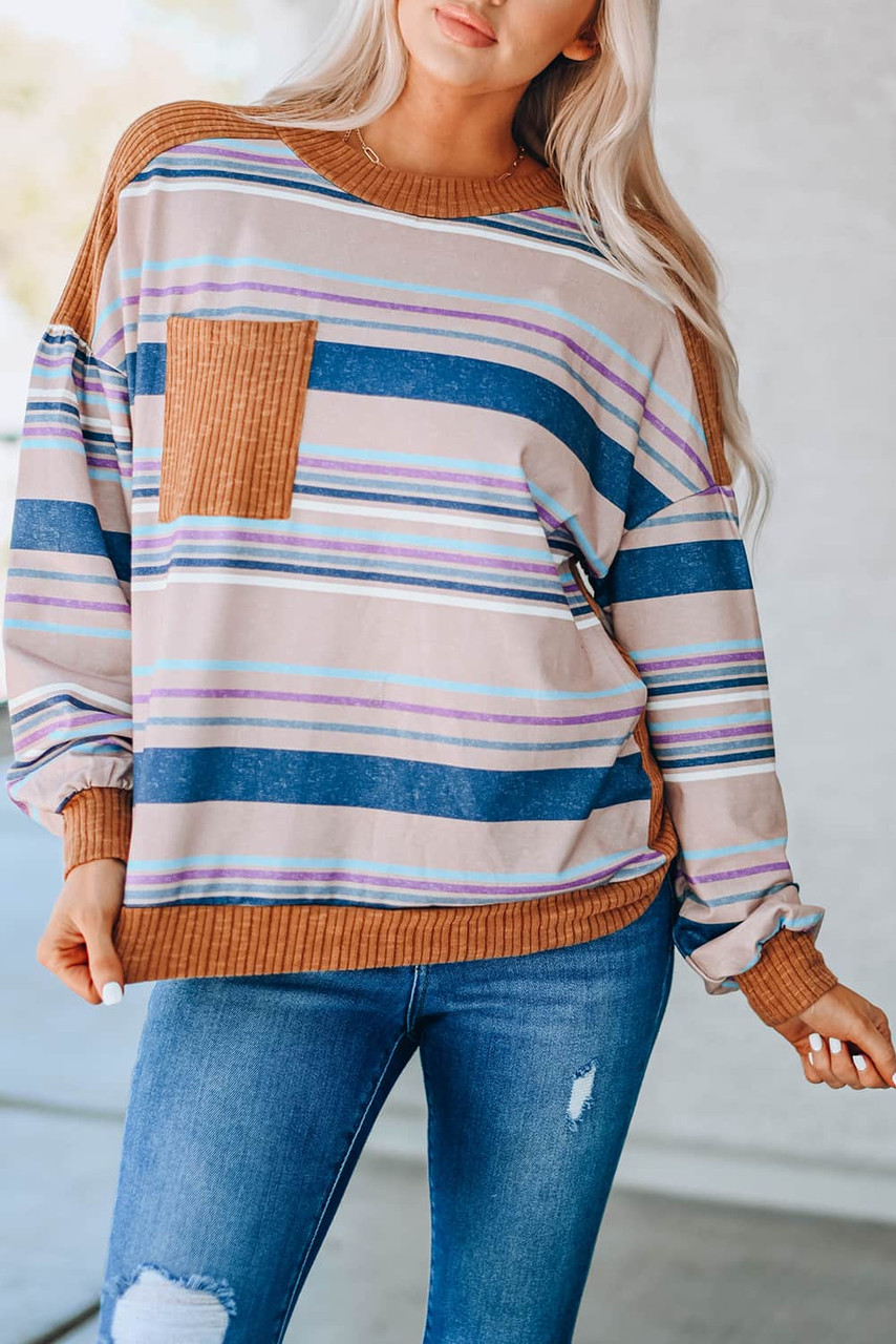 Striped Print Ribbed Knit Patchwork Pullover Top