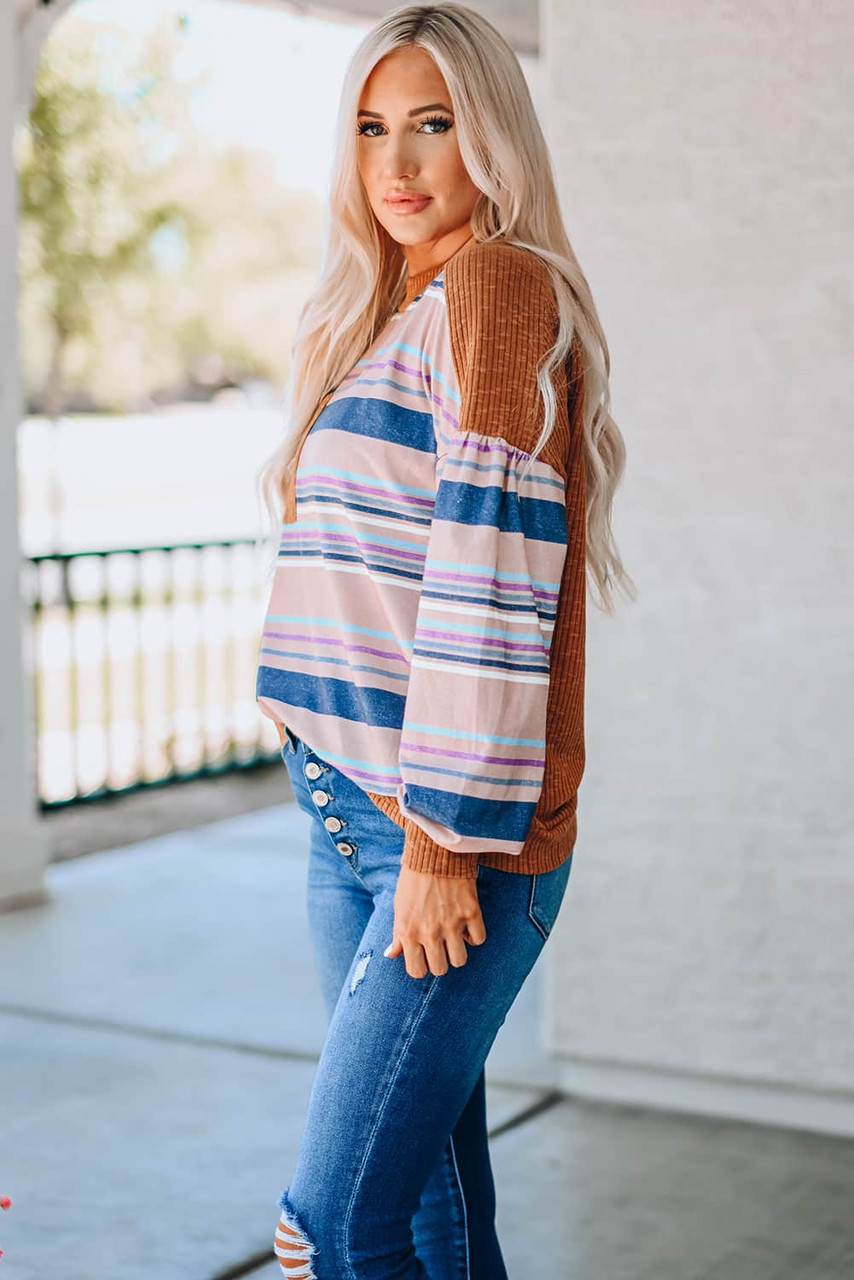 Striped Print Ribbed Knit Patchwork Pullover Top