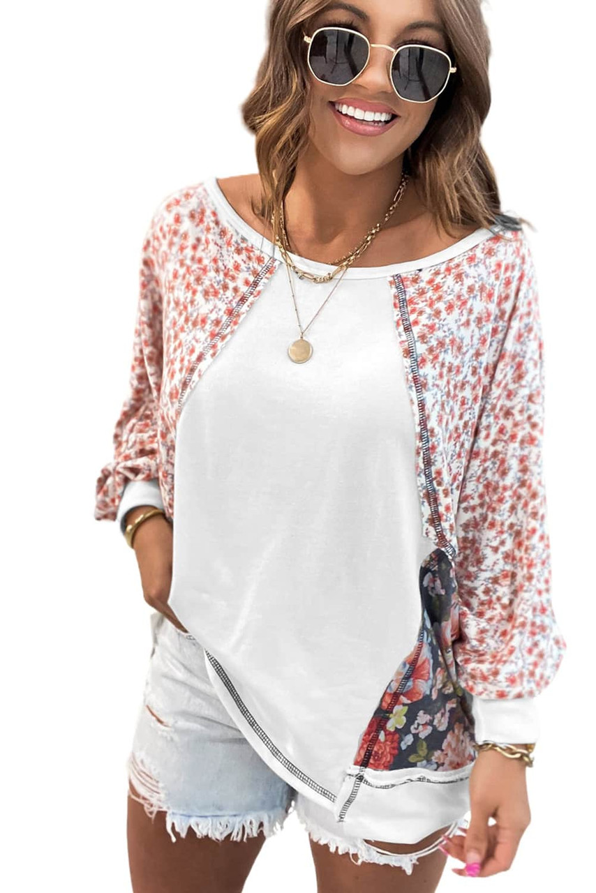 Multicolor Floral Print Patchwork Long Sleeve Top