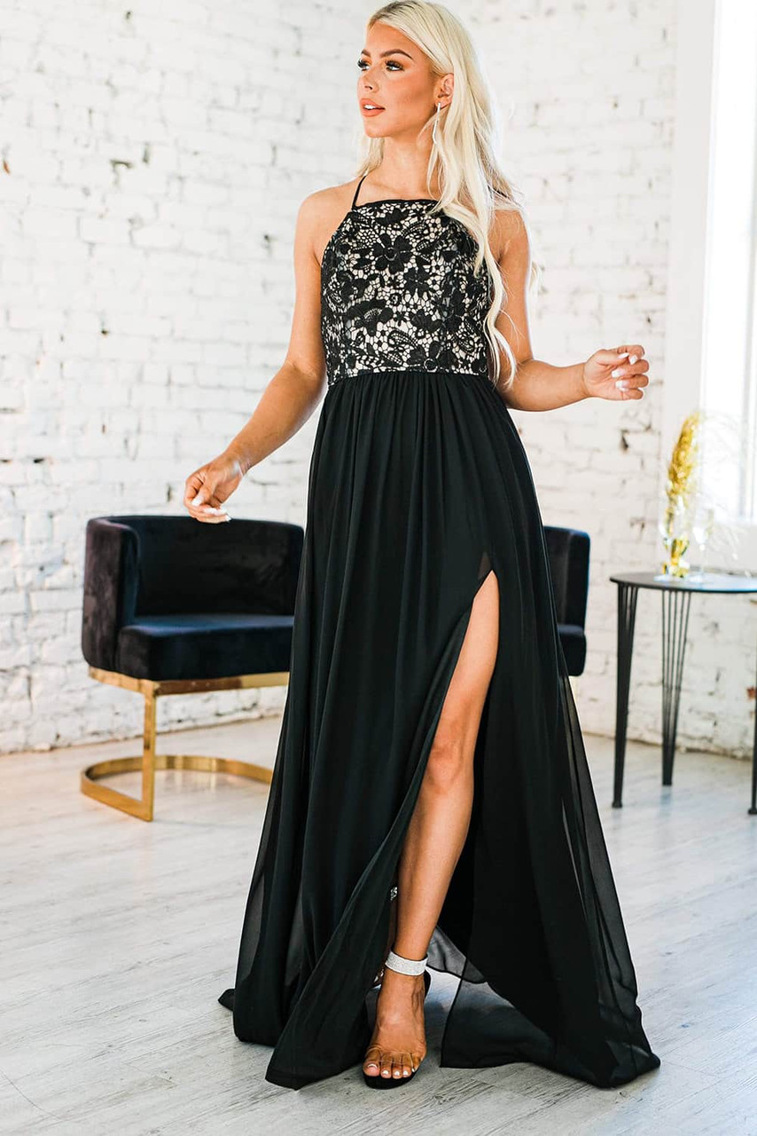 Black Crisscross Backless Lace Chiffon Maxi Dress