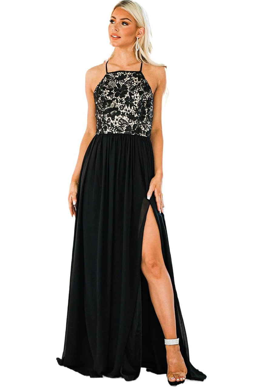 Black Crisscross Backless Lace Chiffon Maxi Dress