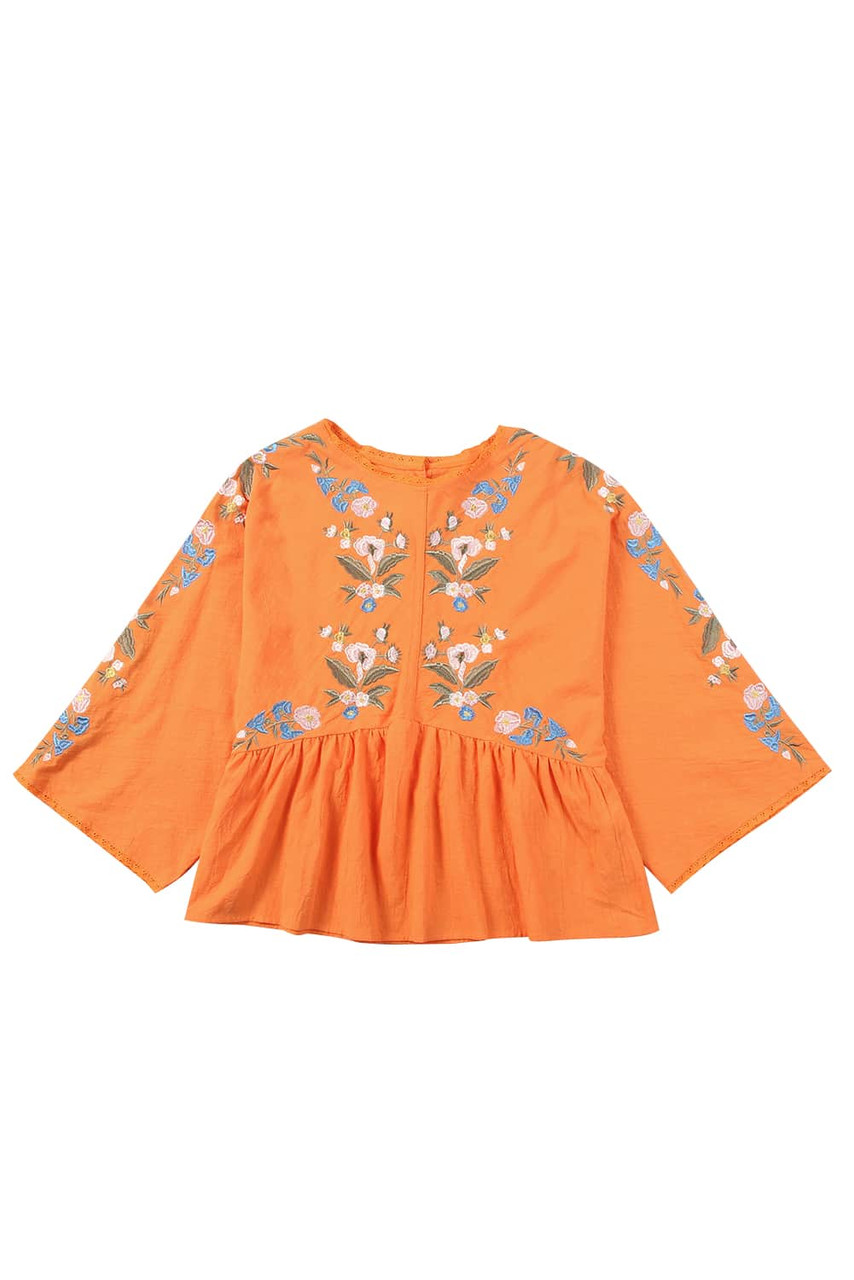 Orange Kimono Sleeves Embroidered Top