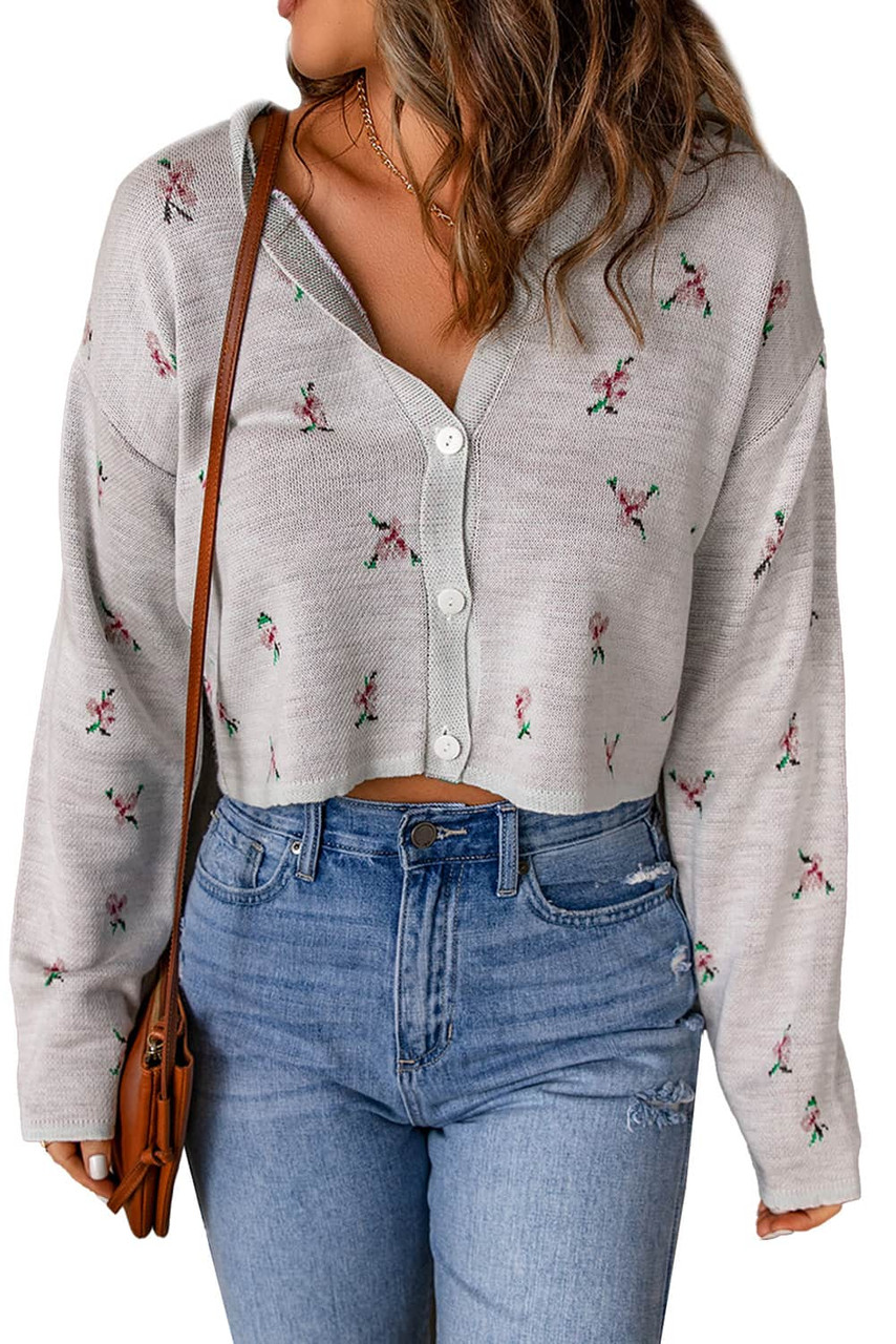 Gray Floral Cropped Sweater Cardigan