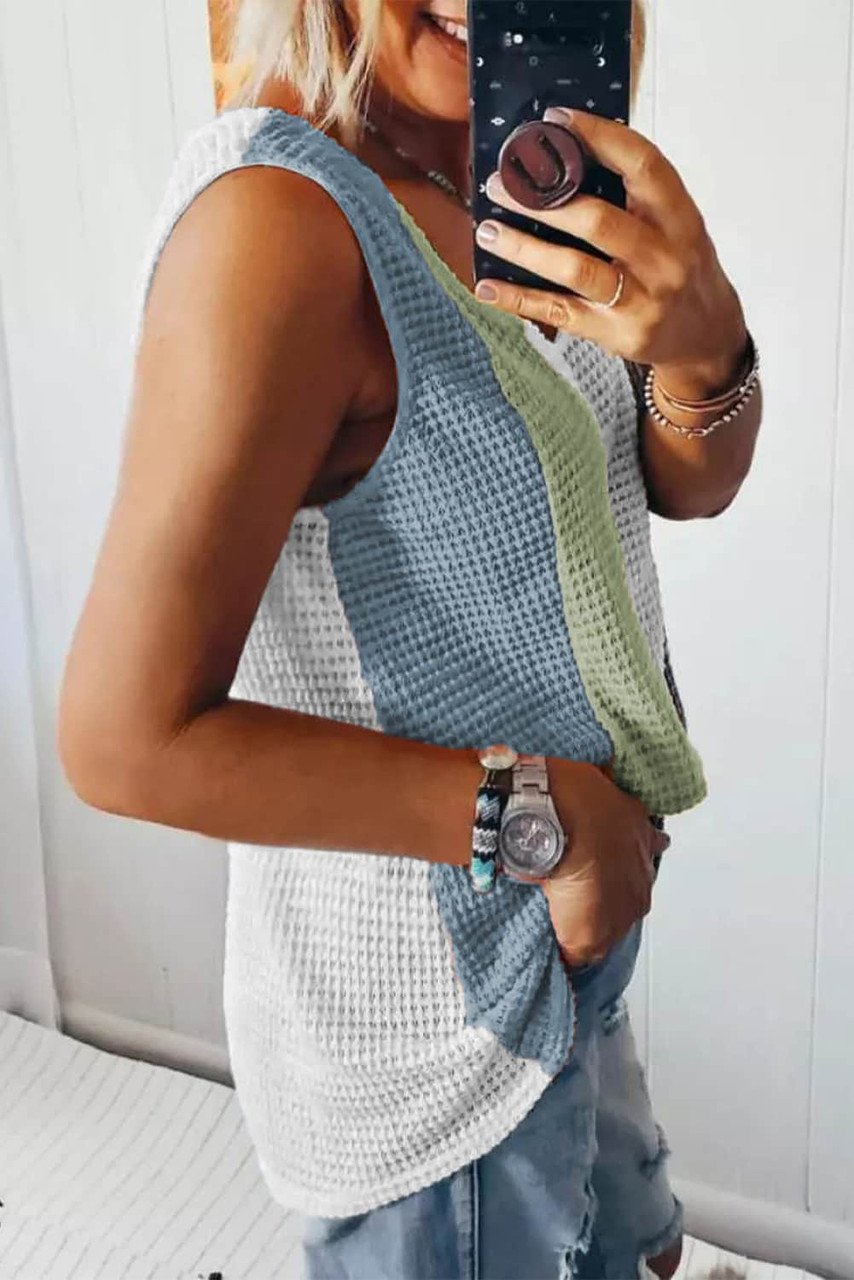 Color Block V-Neck Waffle Knit Tank Top