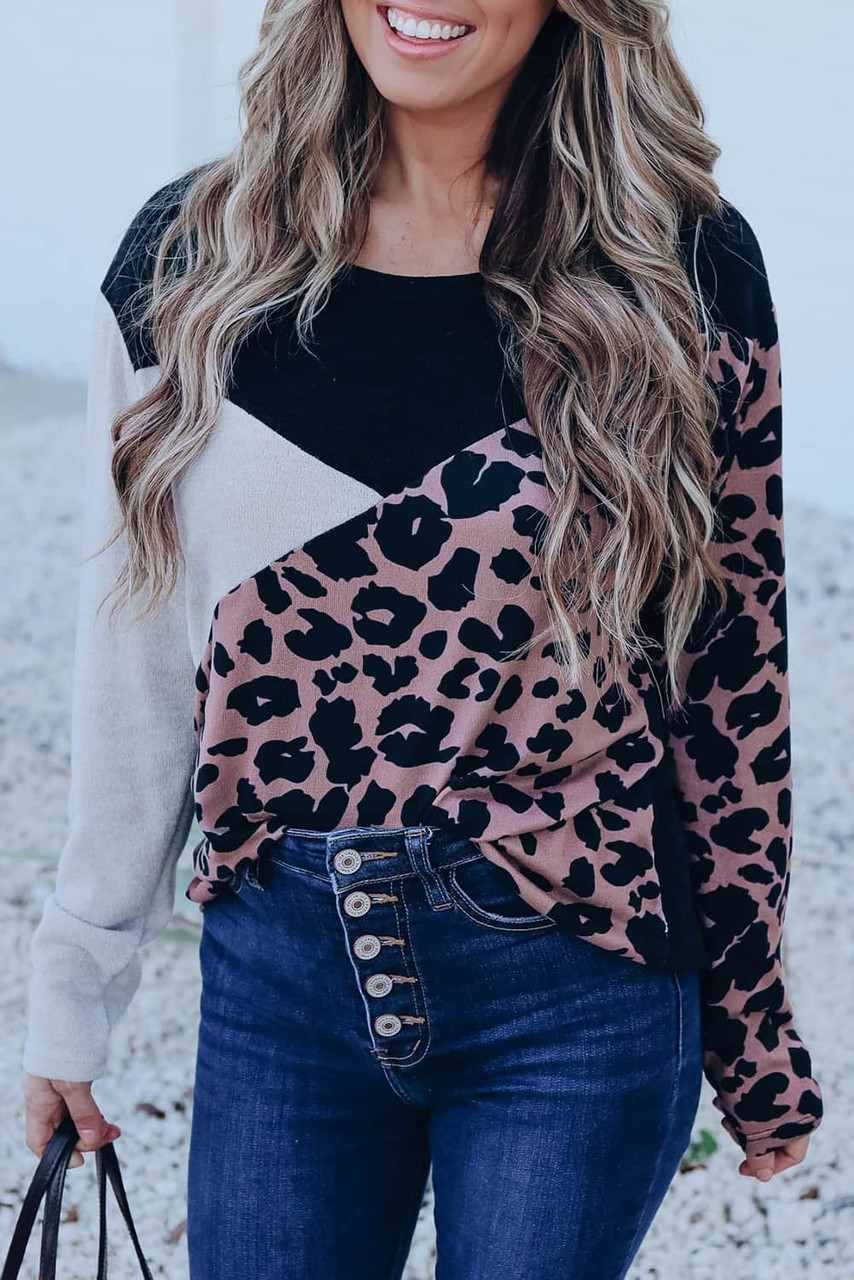 Black Leopard Colorblock Long Sleeve Top