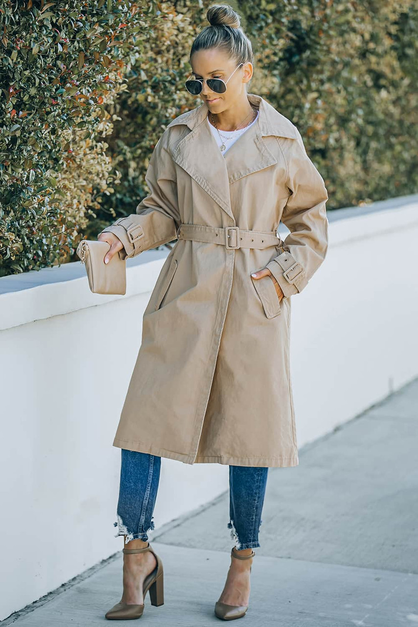 Khaki Runway Style Belted Long Trench Coat