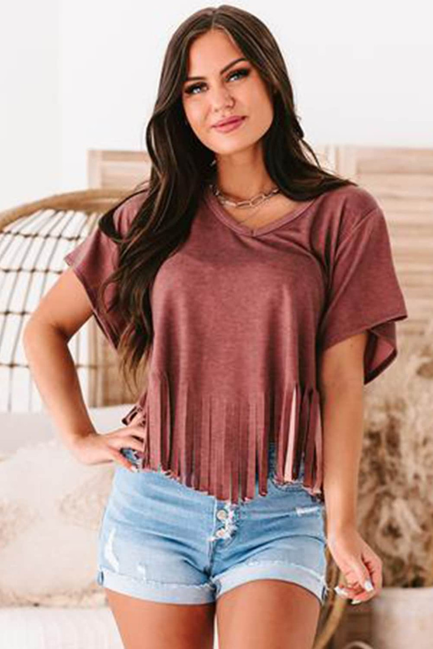 Fringe Hem V Neck T Shirt