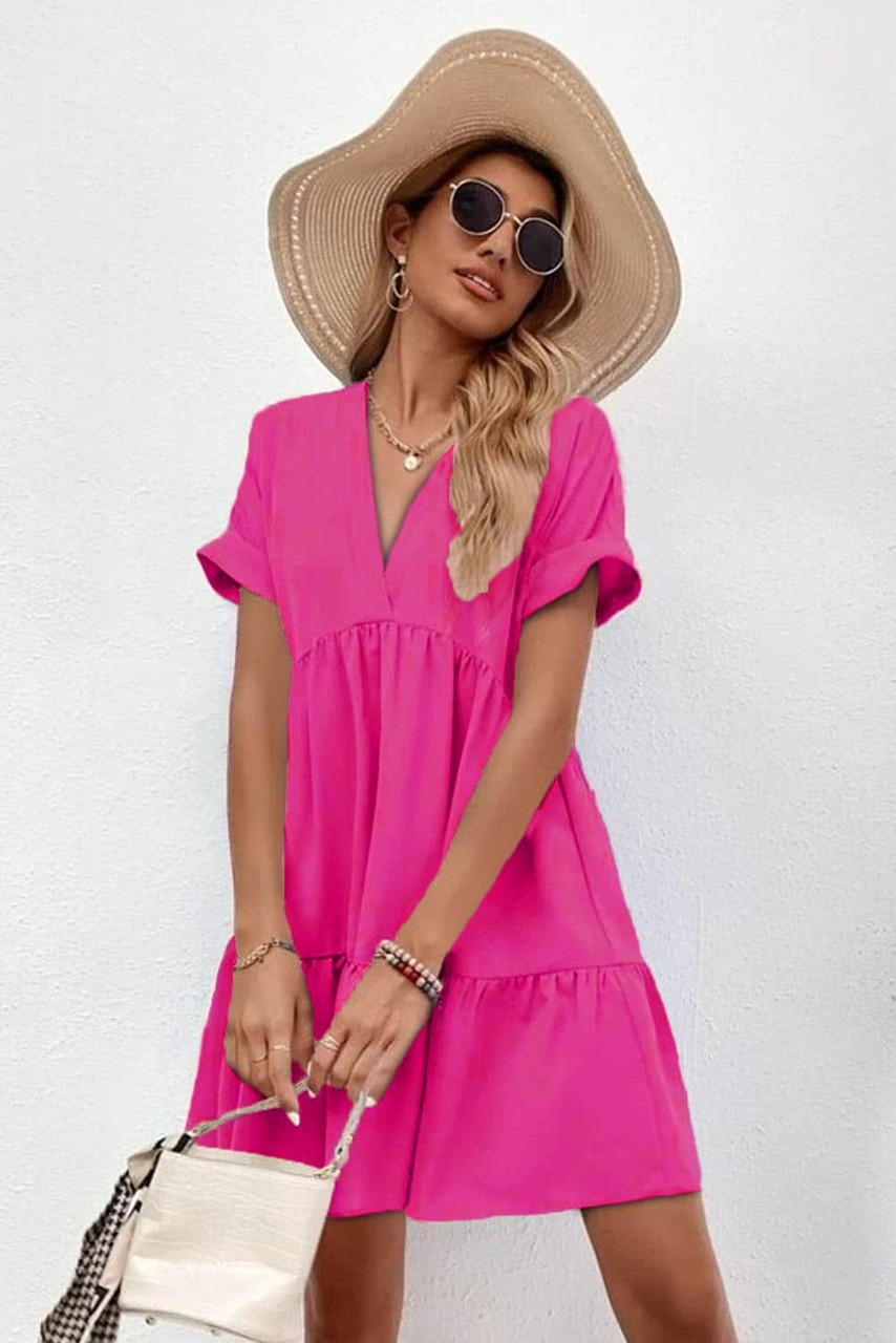 Rose Roll Up Short Sleeve Ruffle Tiered Swing Dress