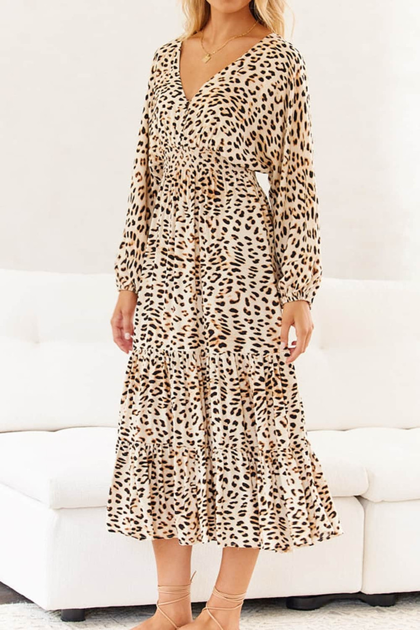 Animal Print Leopard V Neck Smocked Waist Long Dress with Ruffle Hem