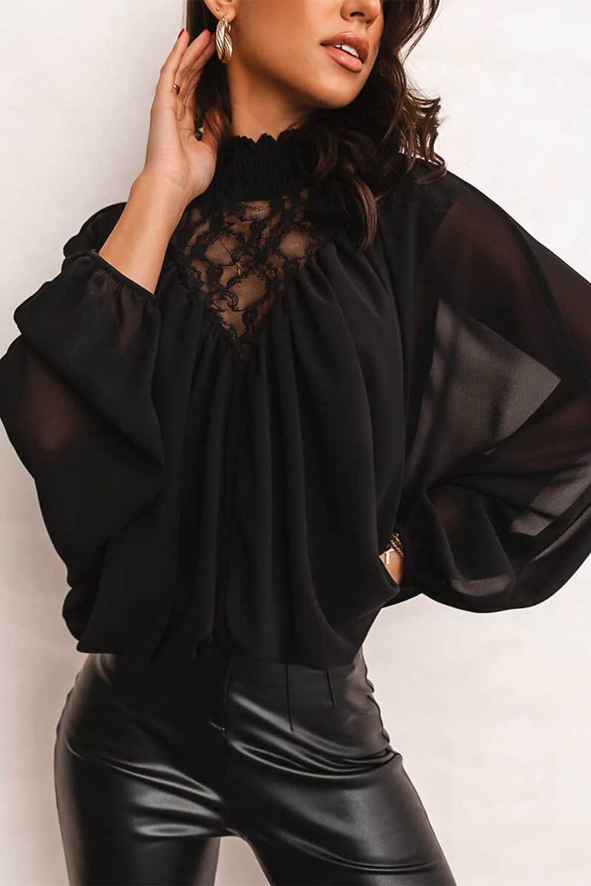 Black Lace Contrast Sheer Frilled Neck Blouse